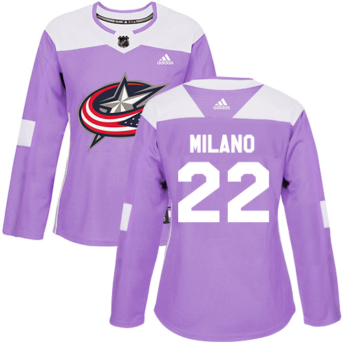 Adidas Blue Jackets #22 Sonny Milano Purple Authentic Fights Cancer Women's Stitched NHL Jersey - Click Image to Close
